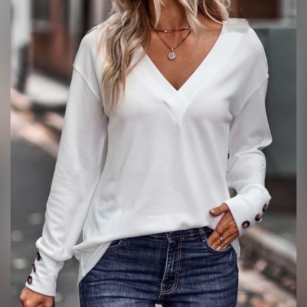 Classic V Neck Button Detail Long Sleeve Work Office Knit Top Blouse Shirt White